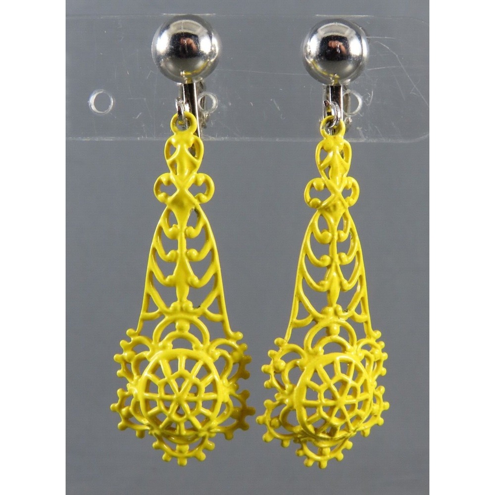 Vintage CLIP-ON DANGLE EARRINGS Bright Yellow Enamel FILIGREE DECO PANEL Silver
